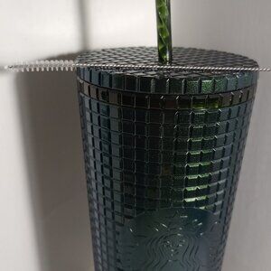 Starbucks 24oz Dark Green Jeweled Grid Tumbler with straw/and cleaning brush